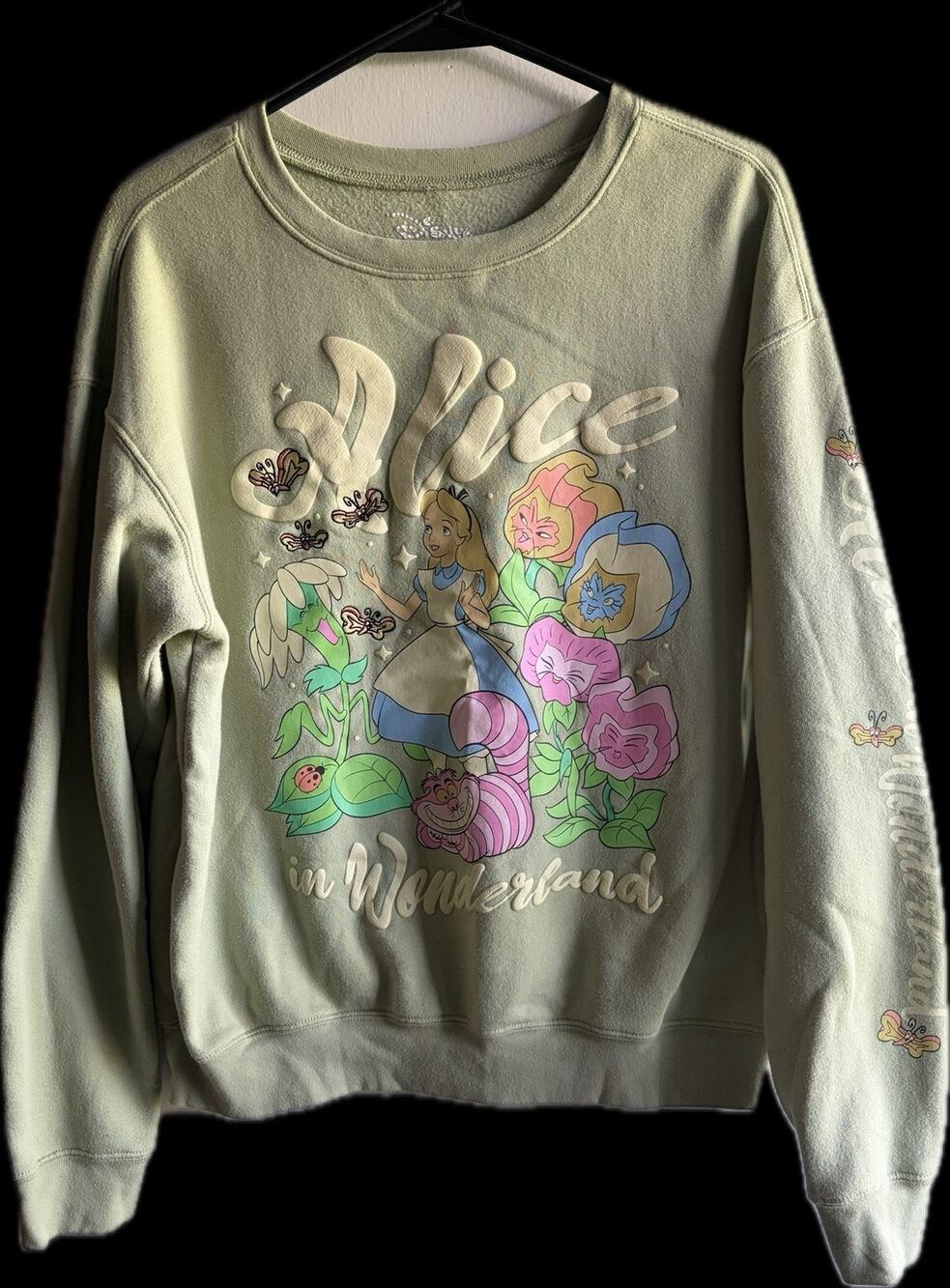 Disney Alice in Wonderland Sweatshirt Womens M Green Cheshire Cat Puff Print